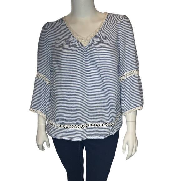 CHICOS Size 2‎ US L 100% Linen Bell Sleeve Pullover Blouse Coastal Beachy - Picture 1 of 5